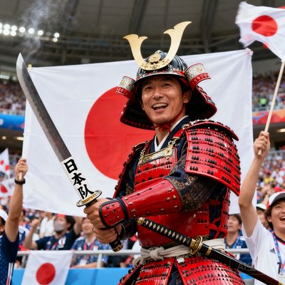 日本球迷坂本,武士造型支持日本队